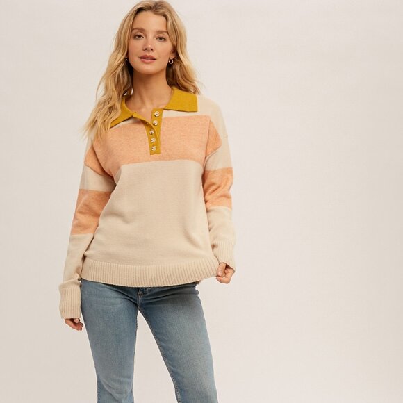 HEM & THREAD Colorblock Collared Sweater with Button Placket - Picture 5 of 6